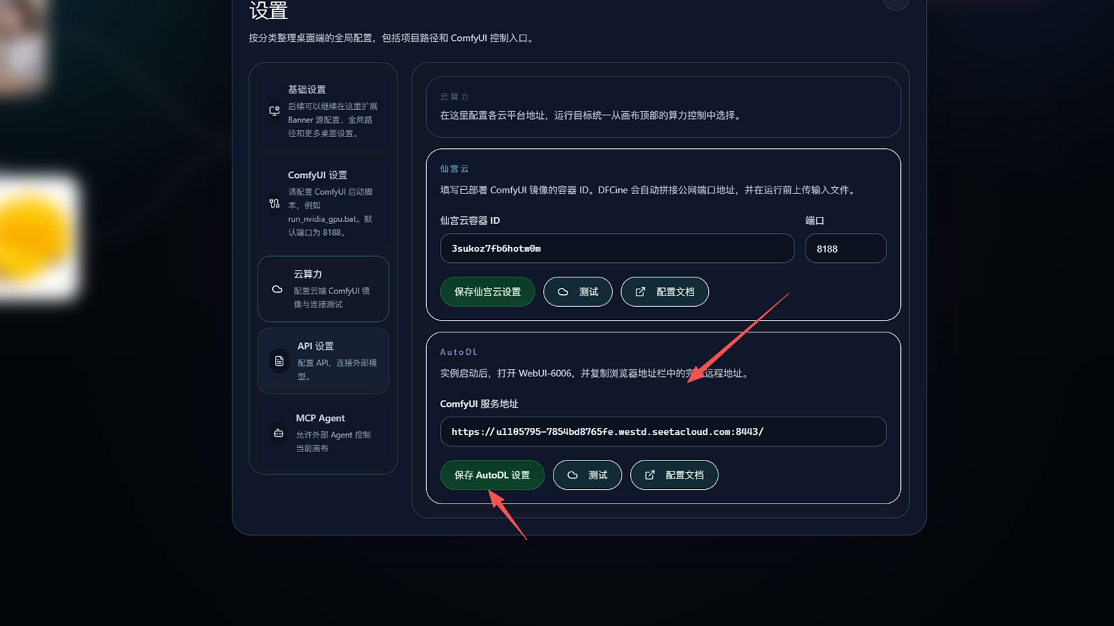 在 DFCine 中保存并测试 AutoDL 设置
