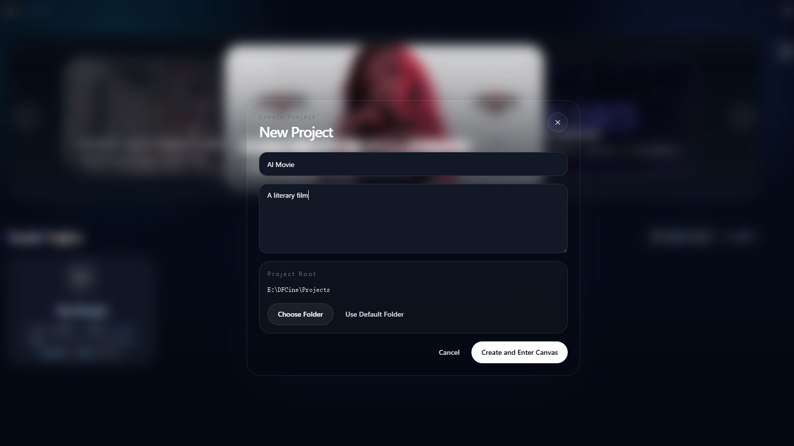DFCine English create project screen